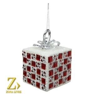 ENFEITE NATALINO CAIXA DE PRESENTE VERMELHO/BRANCO 08CM