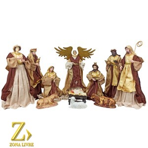 PRESEPIO DE TECIDO MARROM/DOURADO 11PÇS 30CM