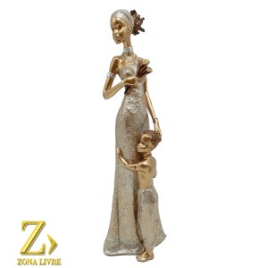 ESCULTURA EM RESINA IMPORTADA AFRICANA COM CRIANÇA 28CM