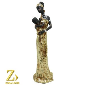 ESCULTURA EM RESINA IMPORTADA AFRICANA COM CRIANÇA DE COLO 29CM DOURADA