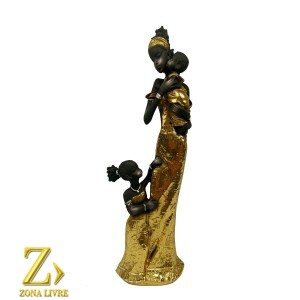 ESCULTURA EM RESINA IMPORTADA AFRICANA COM CRIANÇAS 28CM DOURADA