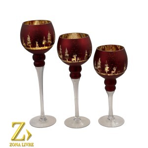 JOGO 3 CASTIÇAL GOLD VERMELHO 30 / 35 / 40CM